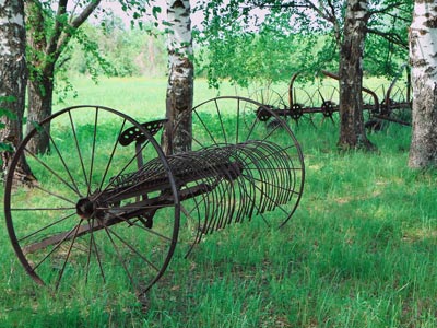 Интересная находка на бывшем колхозном солнцевском поле, которую с полным правом можно считать раритетом. На снимке – сельскохозяйственные грабли для сбора сена при помощи лошади (на переднем плане) и прицепная волокуша для трактора